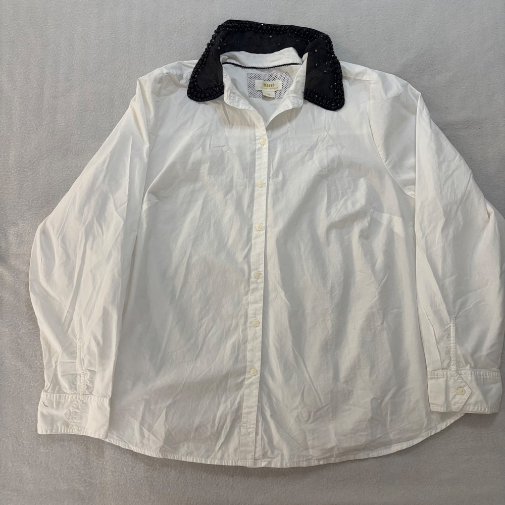 Maeve Anthropologie White Cotton Beaded Sequin Collar Button Down Shirt 1X